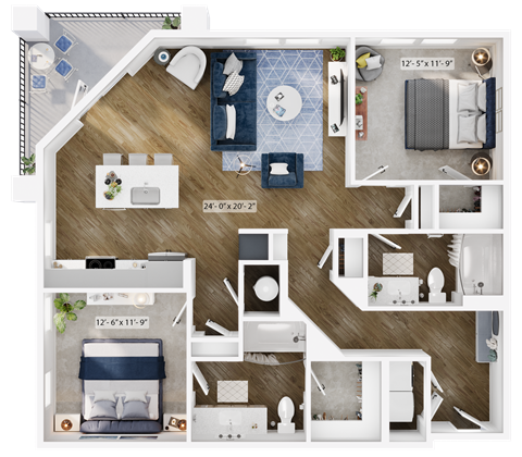 a 3d floor plan of a home with a bedroom and a living room